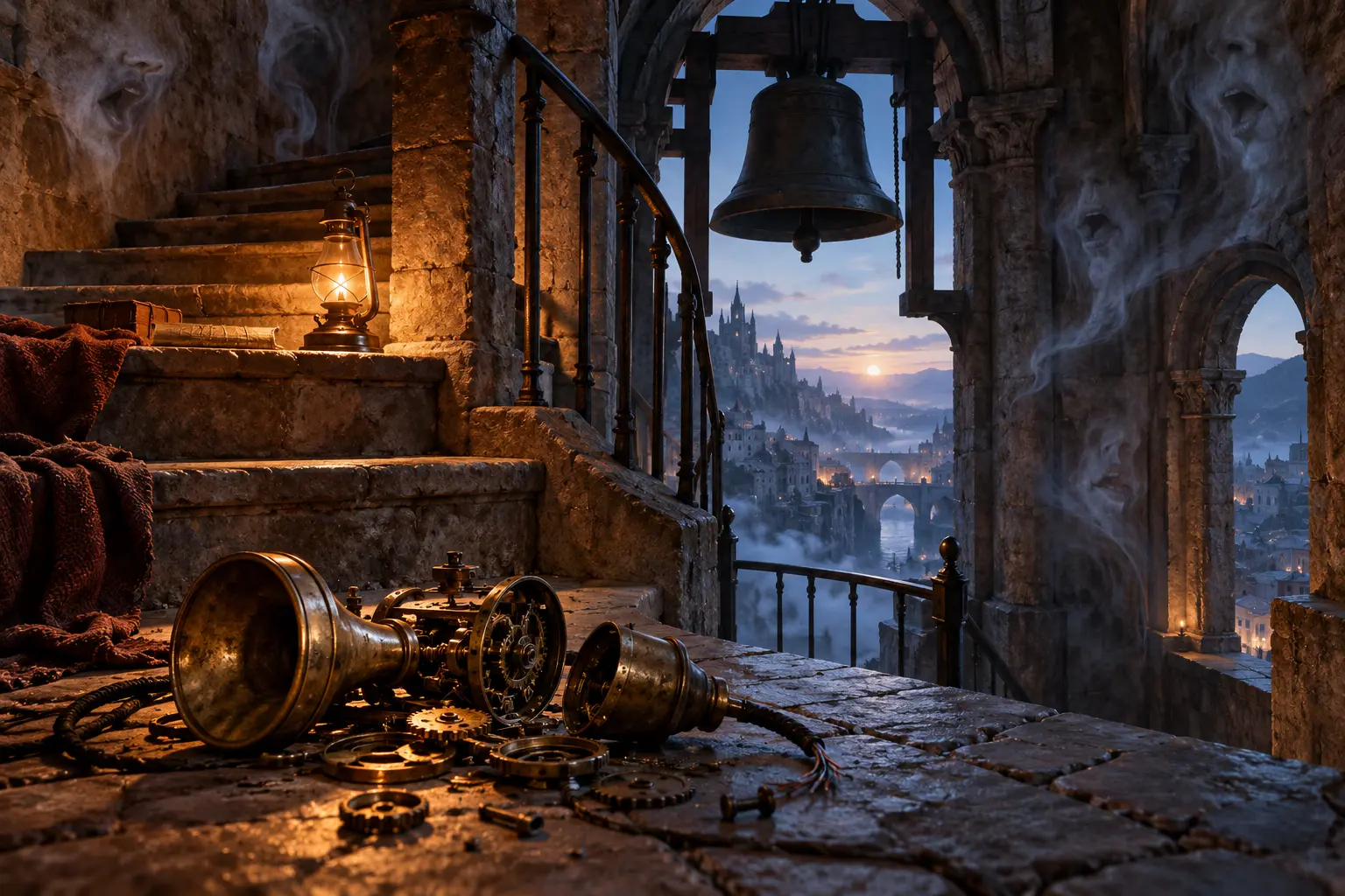 An amber lamp illuminates bell-house stairs above a dismantled brass listening apparatus while pale mouthlike echoes dissolve into blue dawn.
