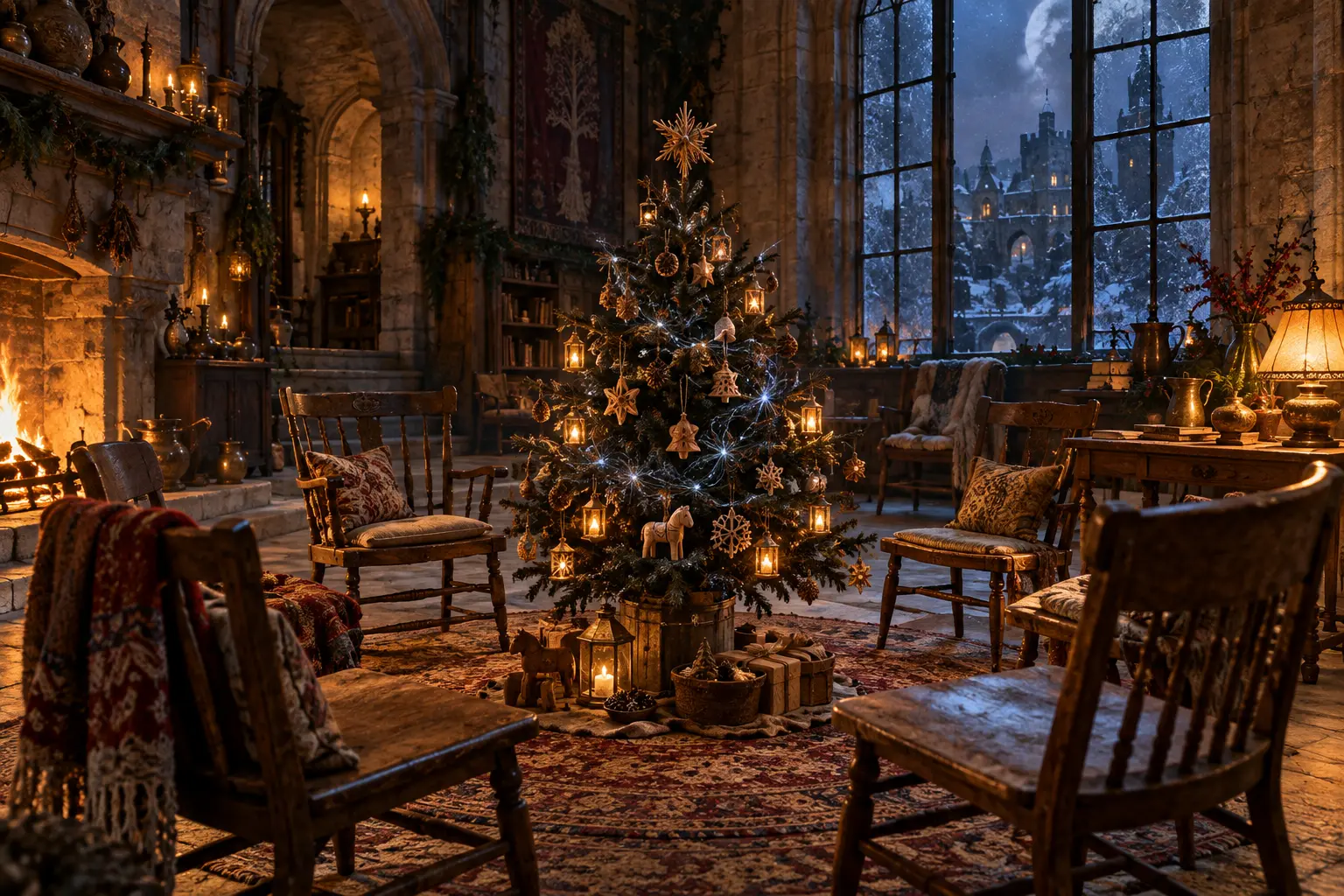 Mismatched chairs gather close around a small dark Christmas tree with handmade amber lights and delicate blue filaments in a spacious stone room.
