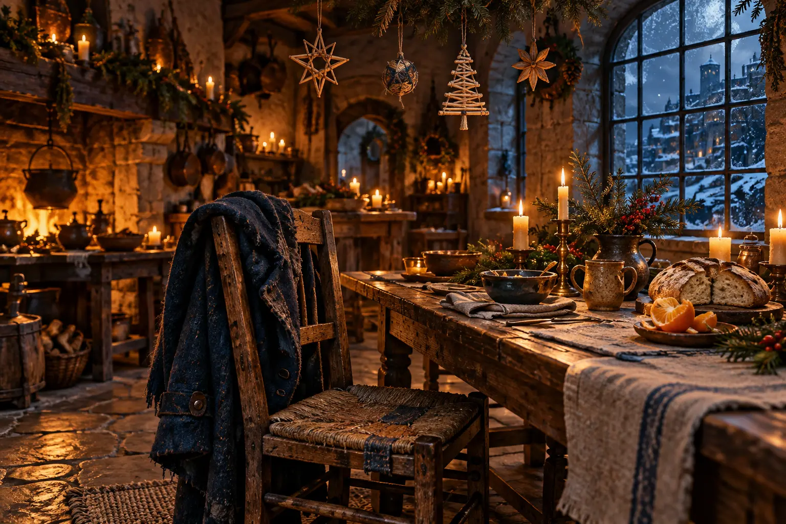 A mended wooden chair with an old blue coat welcomes a guest to bread, oranges and candles beneath handmade Christmas ornaments.