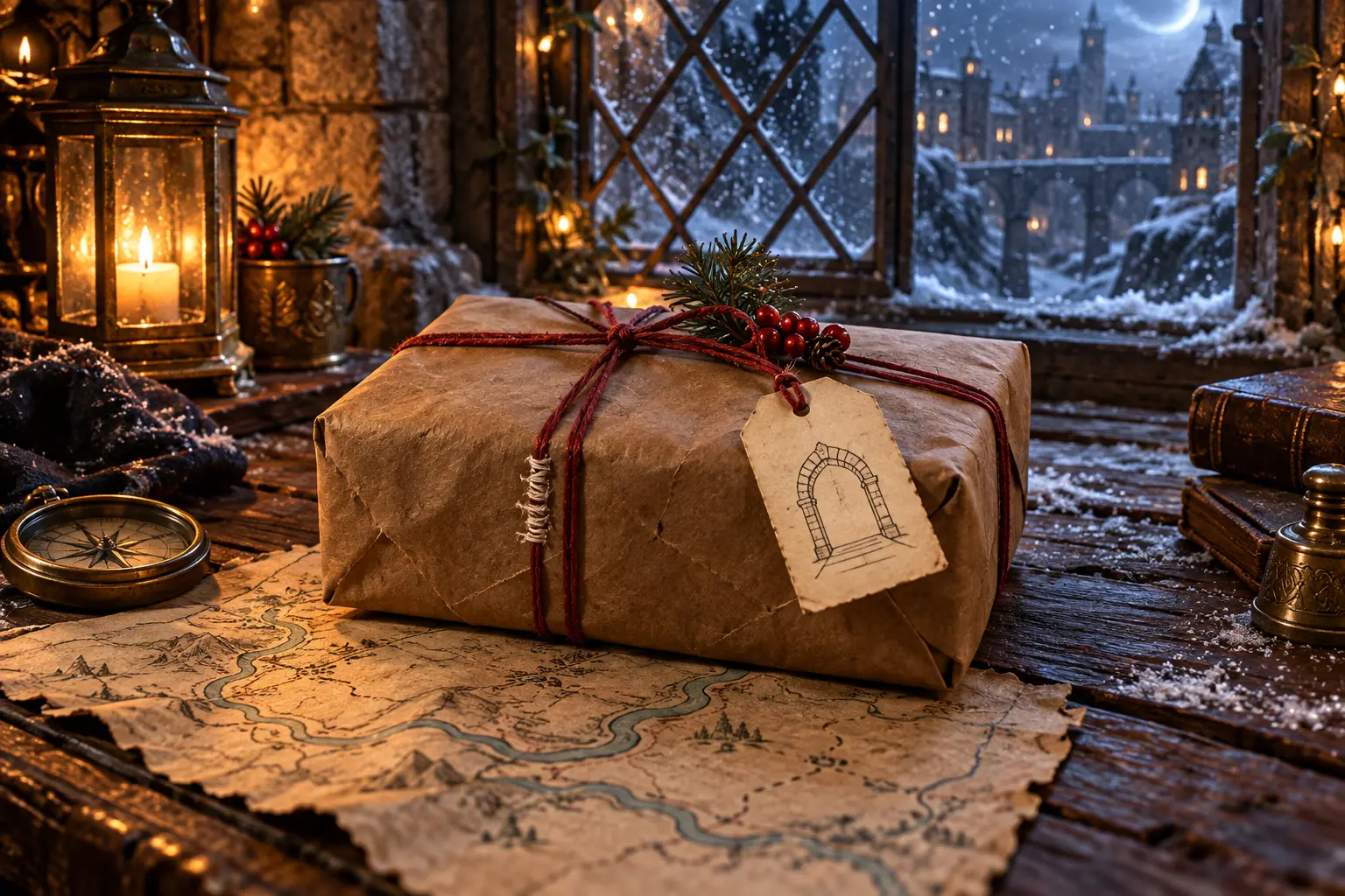 A brown Christmas parcel tied with visibly mended red thread rests on a wordless map, bearing a doorway drawing beside a frosted window.