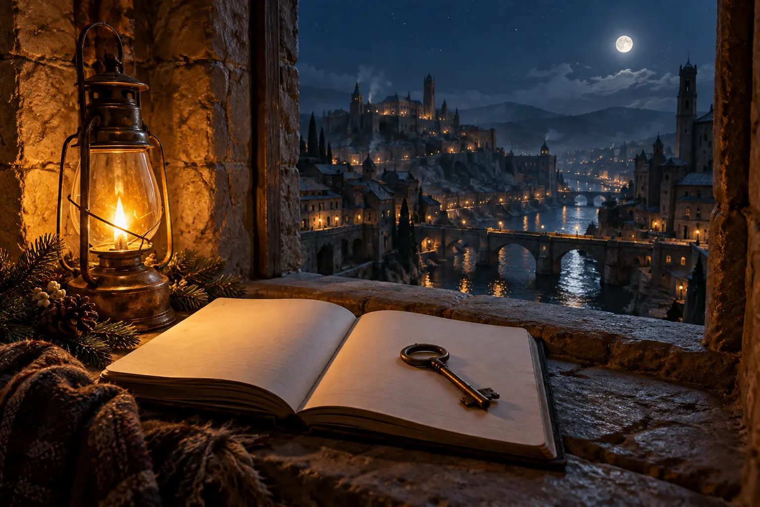 A single amber lamp, an open blank notebook and an old key overlook the moonlit river and quiet distant lights of Ashfall at midnight.
