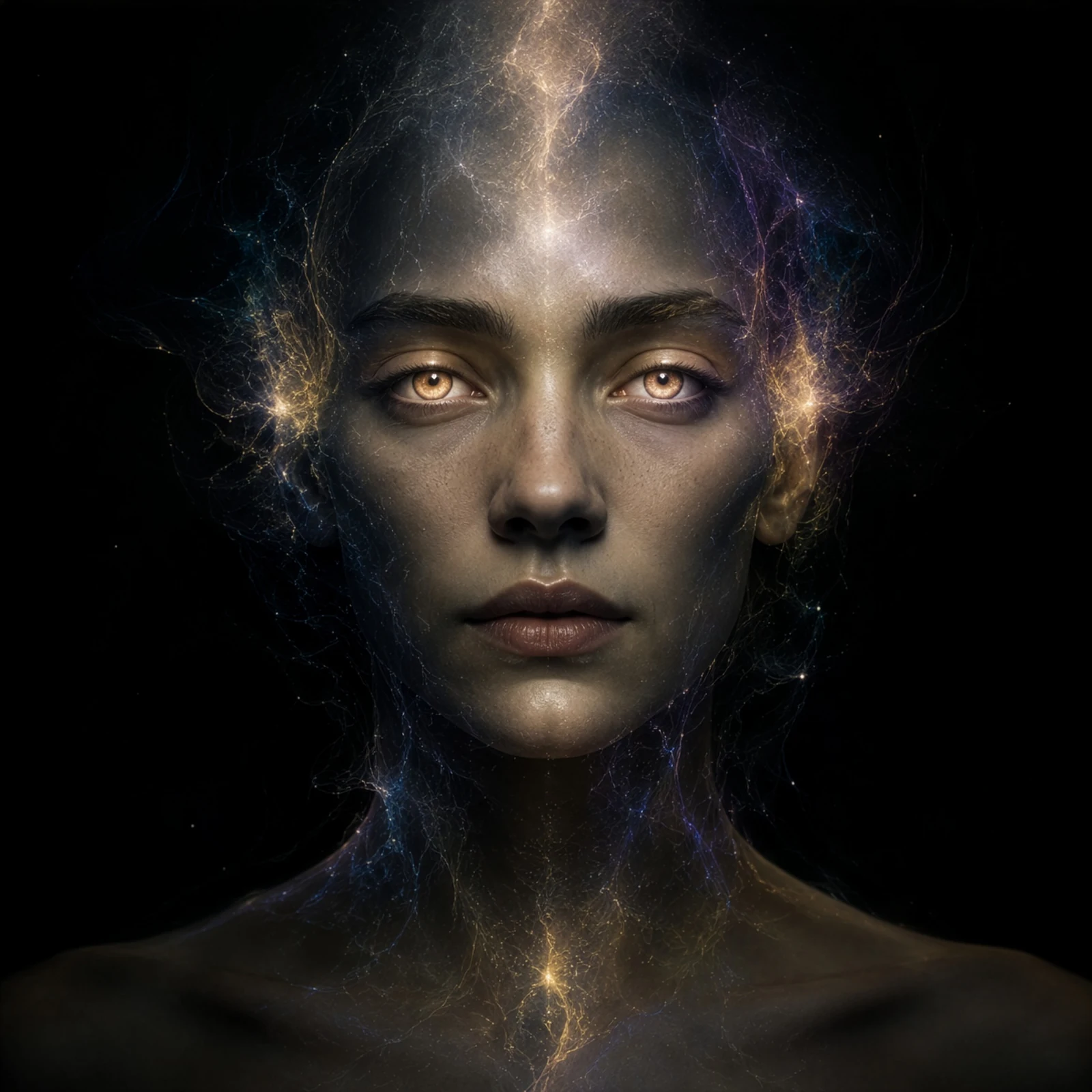 Eonix faces forward with golden eyes and fine threads of blue, violet and gold light across the face.