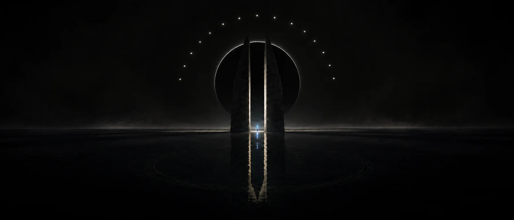 The Holy Order’s dark emblem reflected in still water.