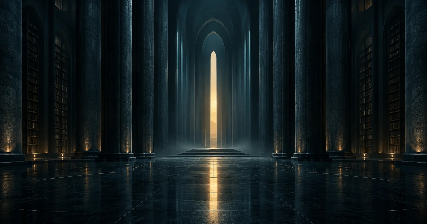 An amber doorway in a vast, dark listening chamber.