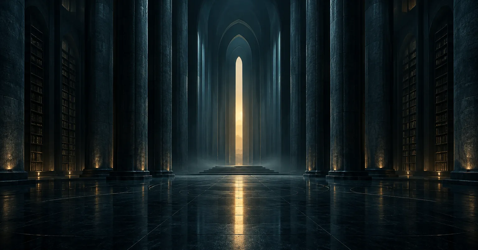 A dark stone listening chamber with a narrow opening of amber light.