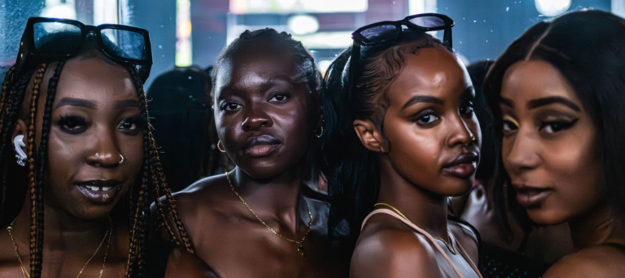 Midnight Elegance A cinematic, closely cropped portrait of four beautiful women in a moody, neon-lit urban environment.