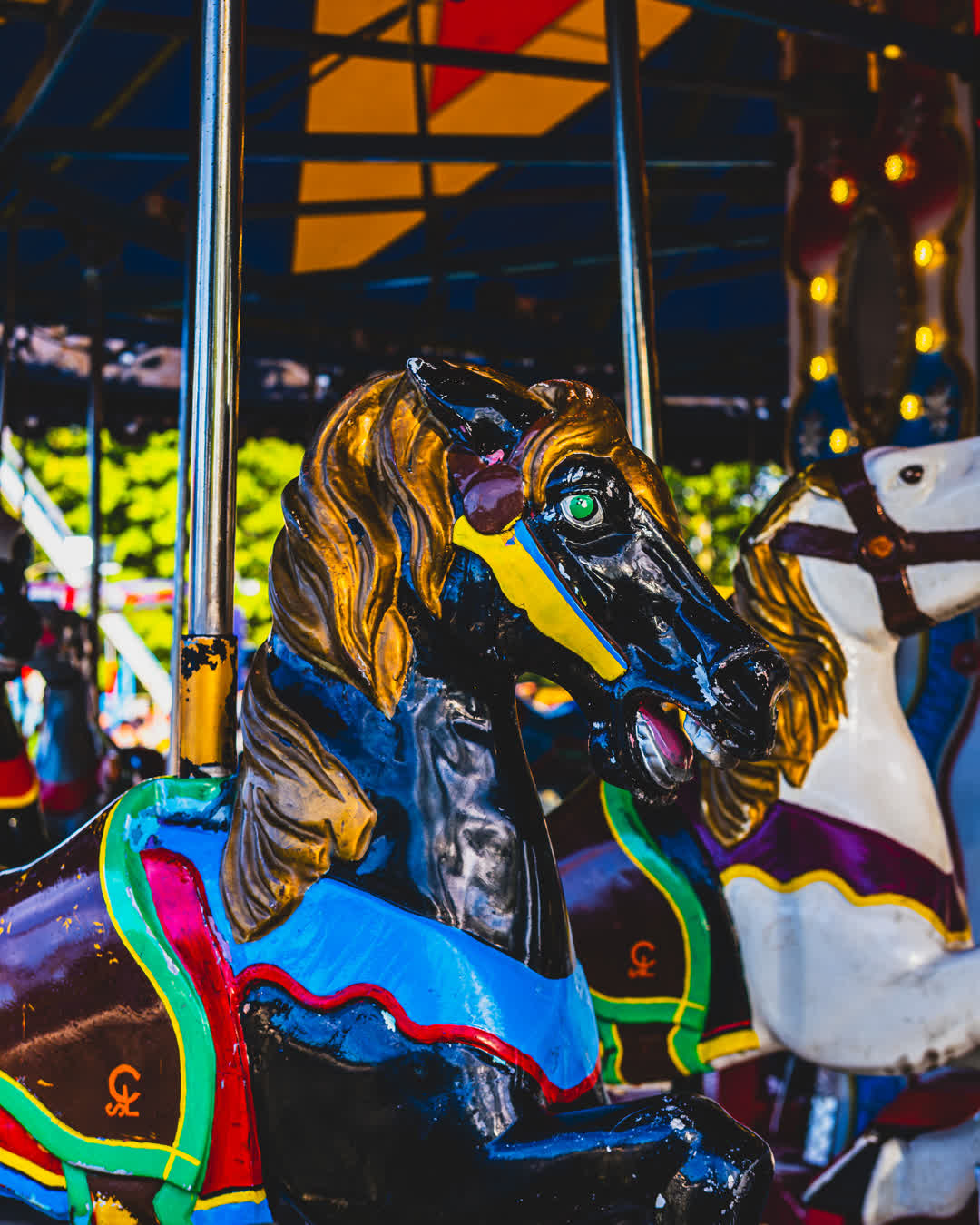 • Close-up of a glossy black amusement park carousel horse with a bright green eye and colorful painted harness details.