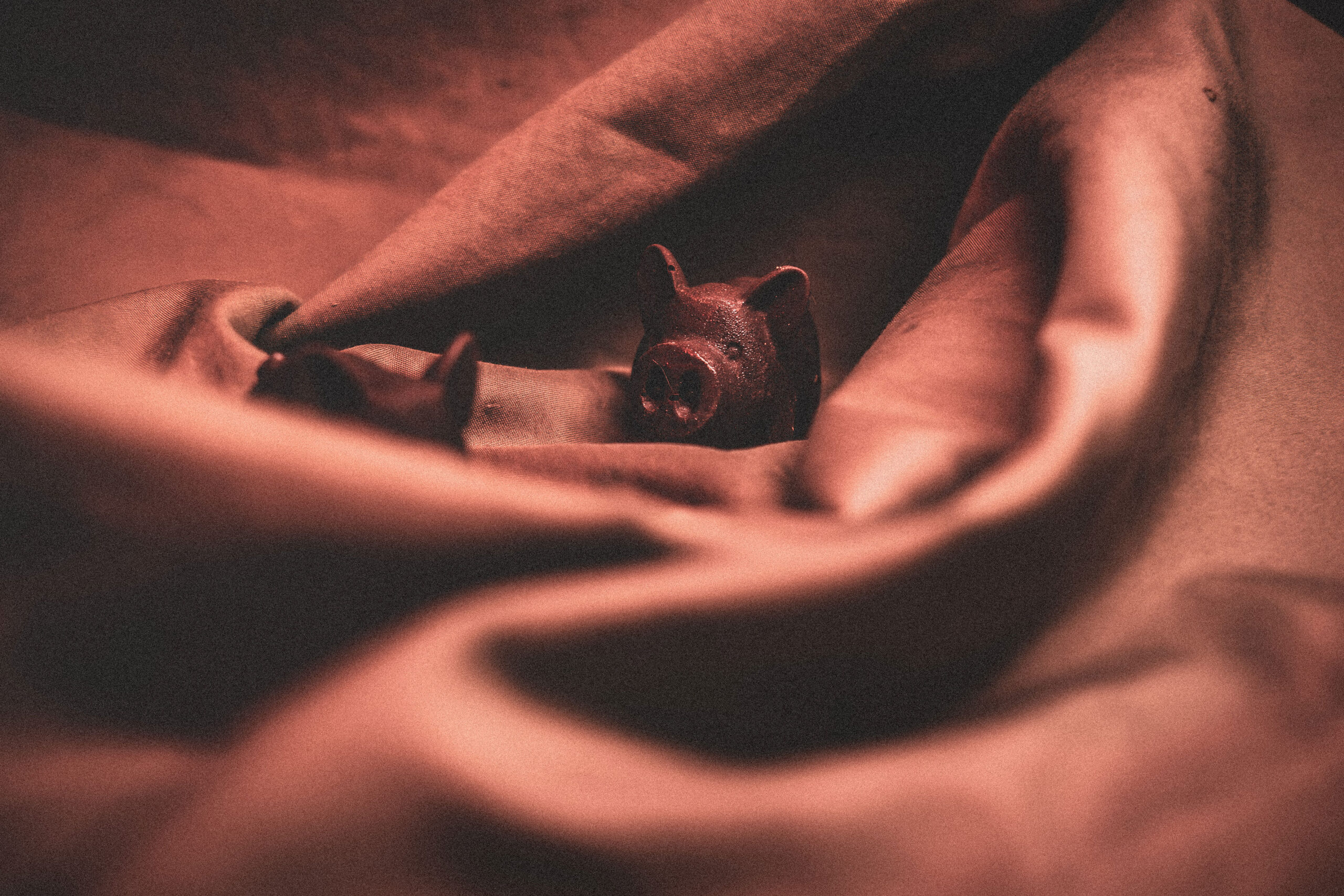 Close-up, moody photography of two small sculpted pig figurines resting in the deep folds of a textured red-tinted fabric.