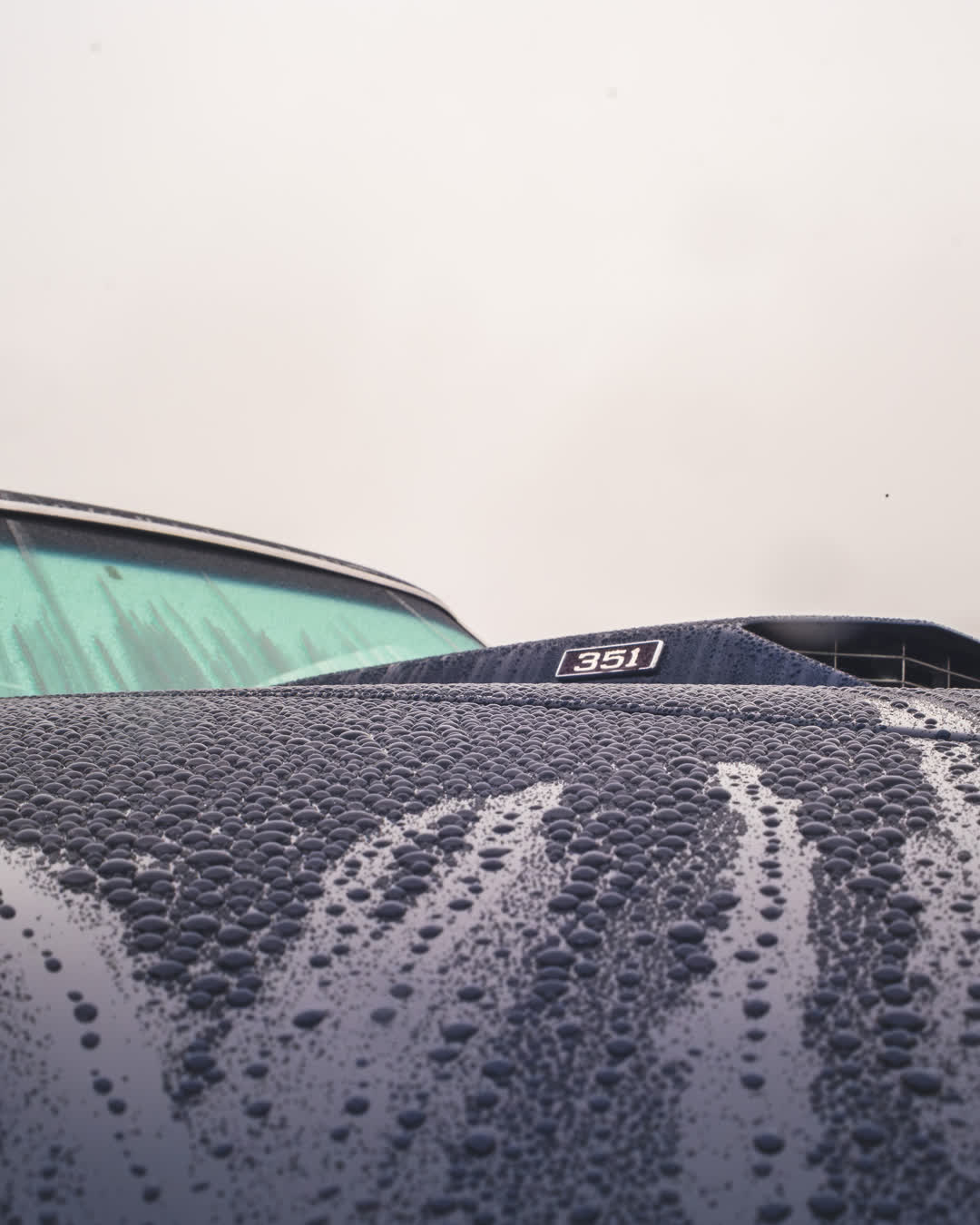 Close-up macro photography of intricate water droplets resting on the dark blue hood of a classic car featuring a 351 engine badge.